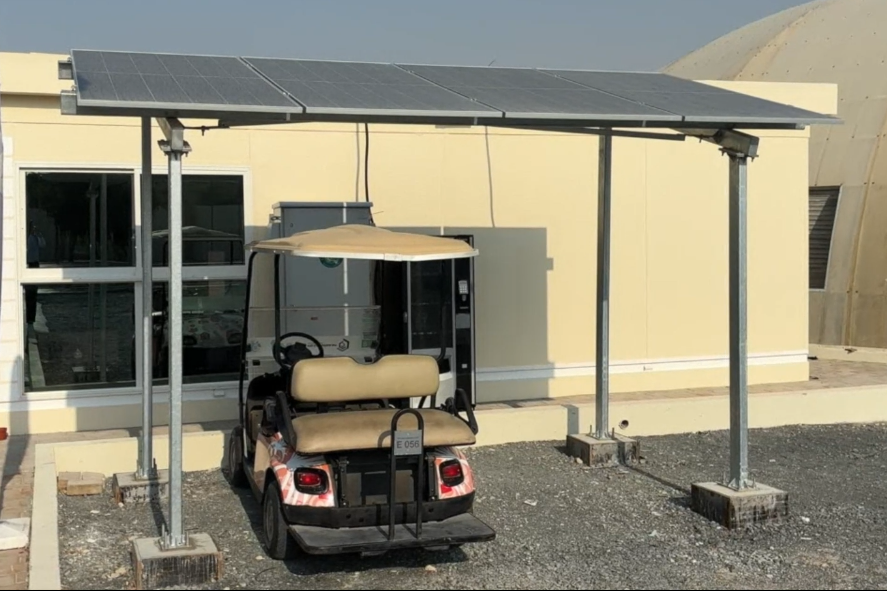 Solar panel shade structure powering an outdoor DinoTech deployment